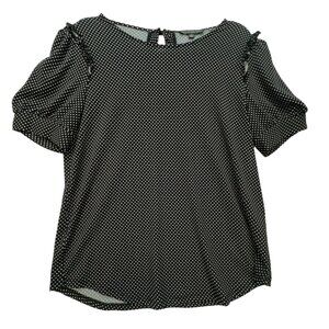 Adrianna Papell Womens Polka Dot Short Sleeve Blouse S Black & White Ruffle Shou